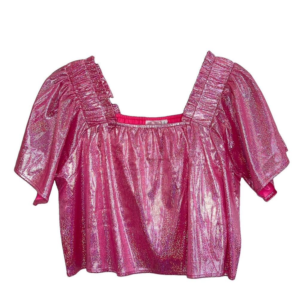 Queen of Sparkles Iridescent Hologram pink Pleat Flutter Top Small Fairycore B1